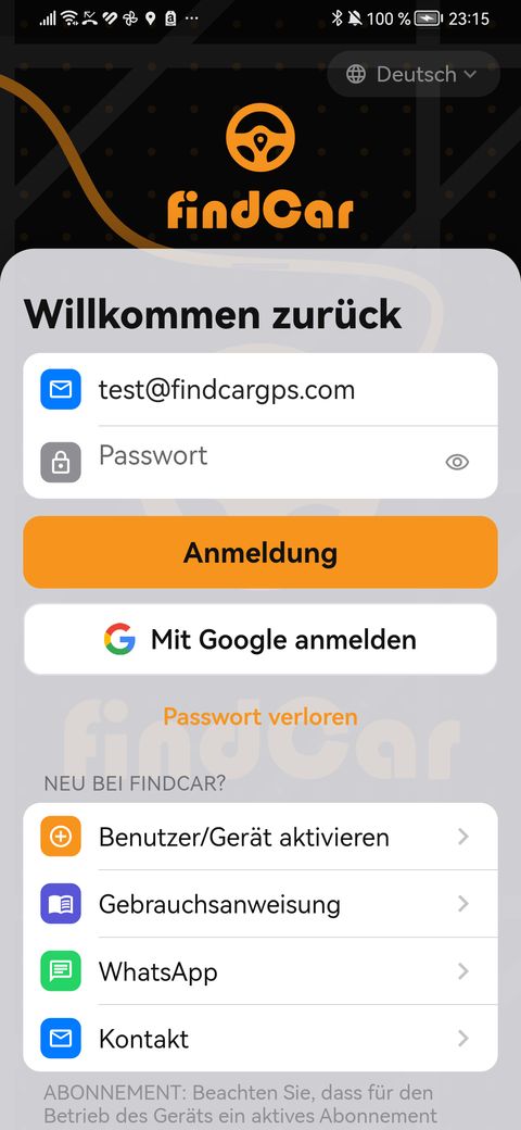 Anmeldebildschirm der findCar App