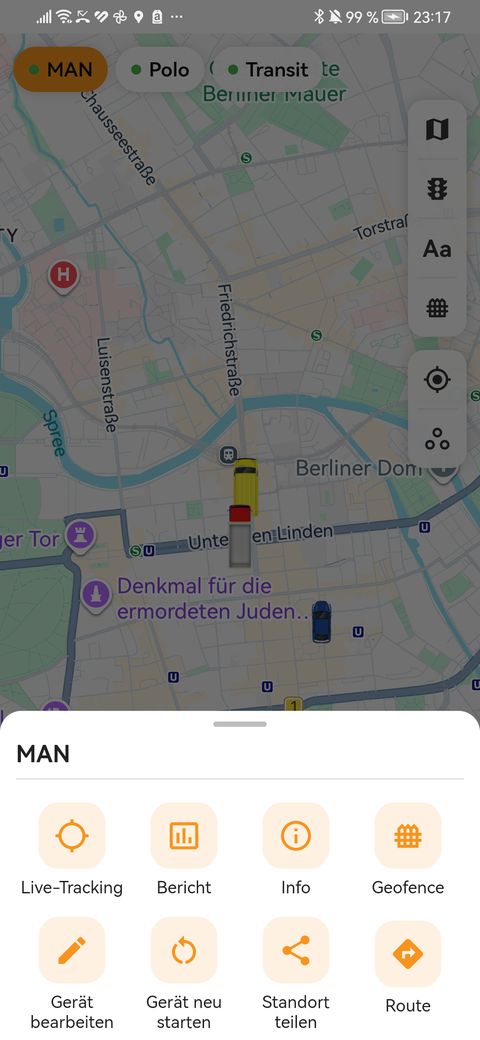 Menü eines Fahrzeugs in der findCar App