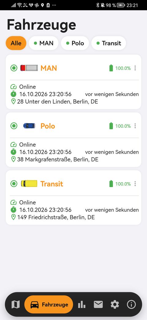 Fahrzeugliste in der findCar App