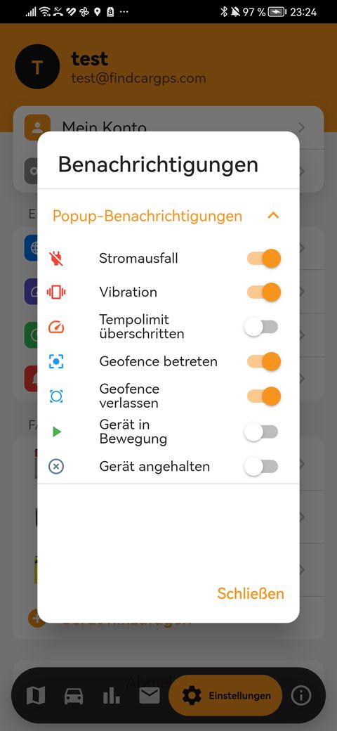 Benachrichtigungen in der findCar App wählen