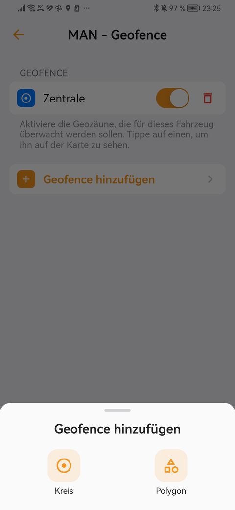 Geofence als Kreis oder Polygon wählen