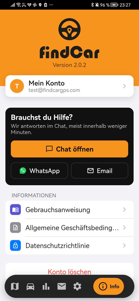 Tab Info mit Chat, WhatsApp und E-Mail
