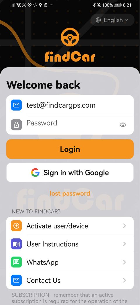 findCar app login screen