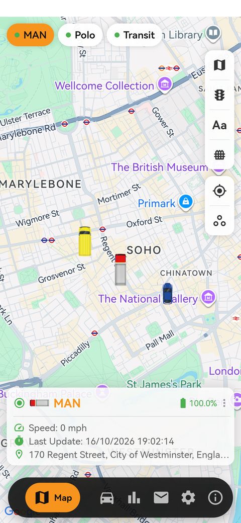 App map with the vehicles