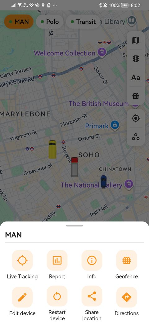 A vehicle’s menu in the findCar app
