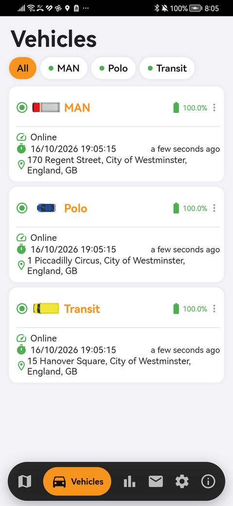 List of vehicles in the findCar app