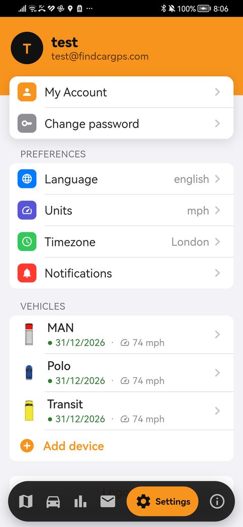 App settings with the Add device option