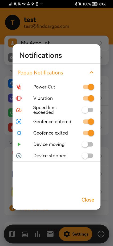 Choosing the alerts in the findCar app
