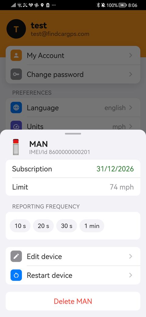 Vehicle settings: limit and reporting frequency
