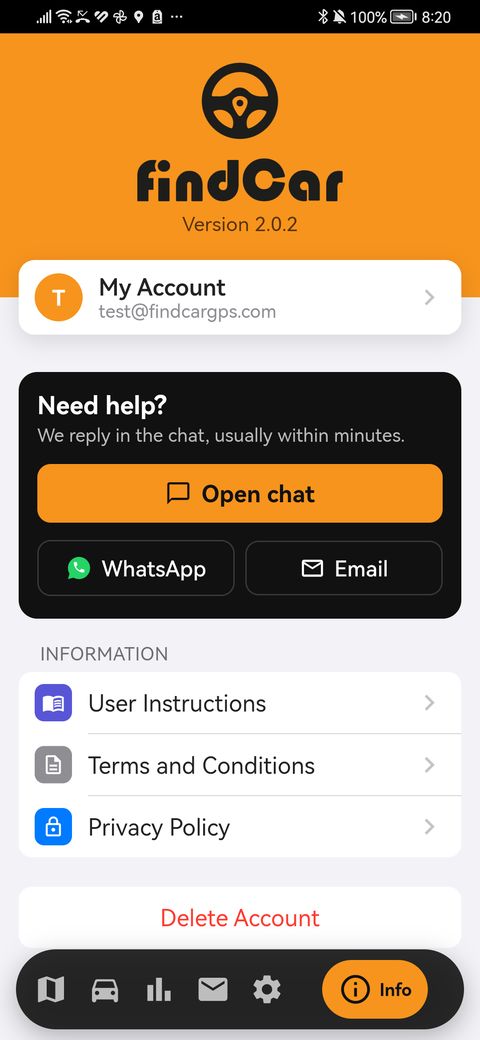 Info tab with chat, WhatsApp and email
