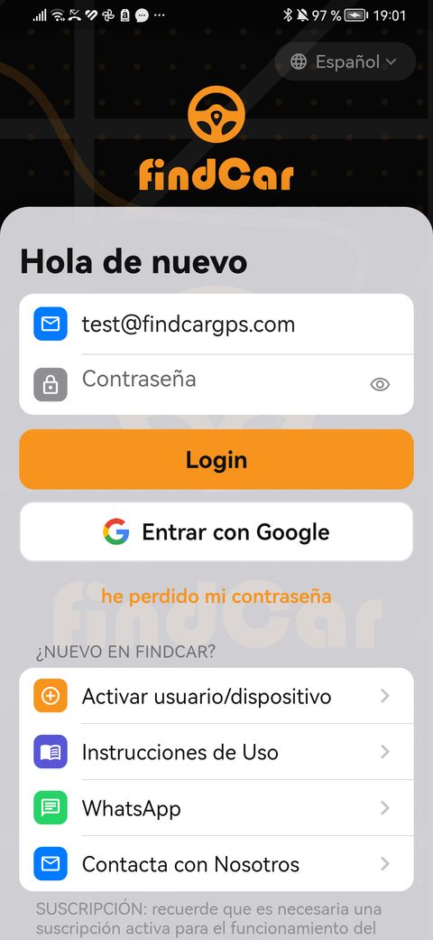 Pantalla de acceso de la app findCar