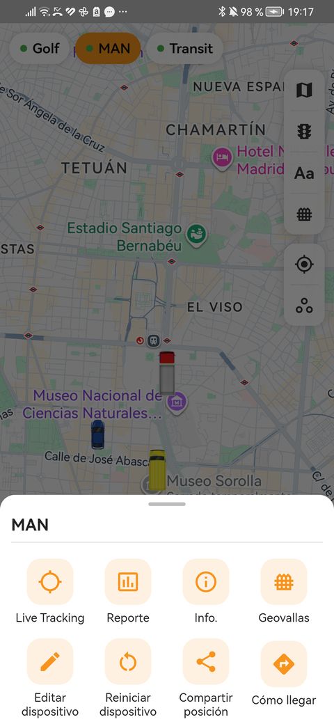 Menú de un vehículo en la app findCar