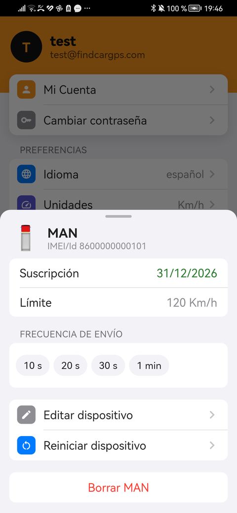 Ajustes de un vehículo: límite y frecuencia de envío