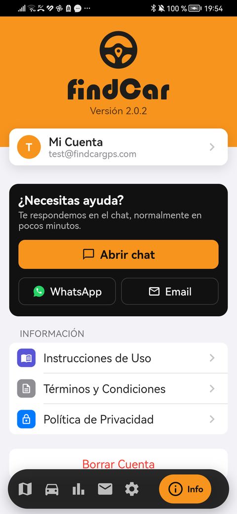 Pestaña Info con chat, WhatsApp y email