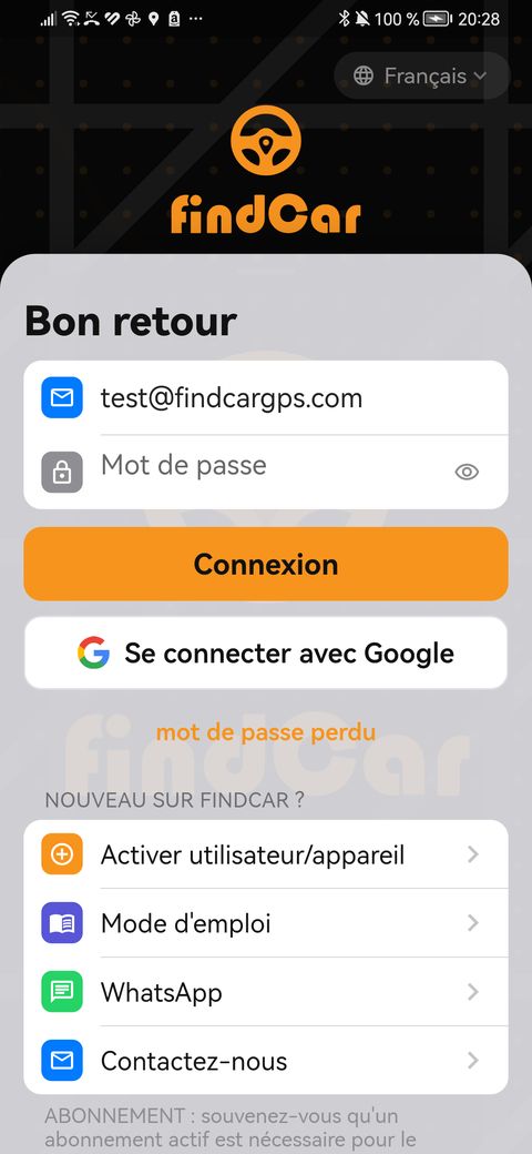 Écran de connexion de l’application findCar