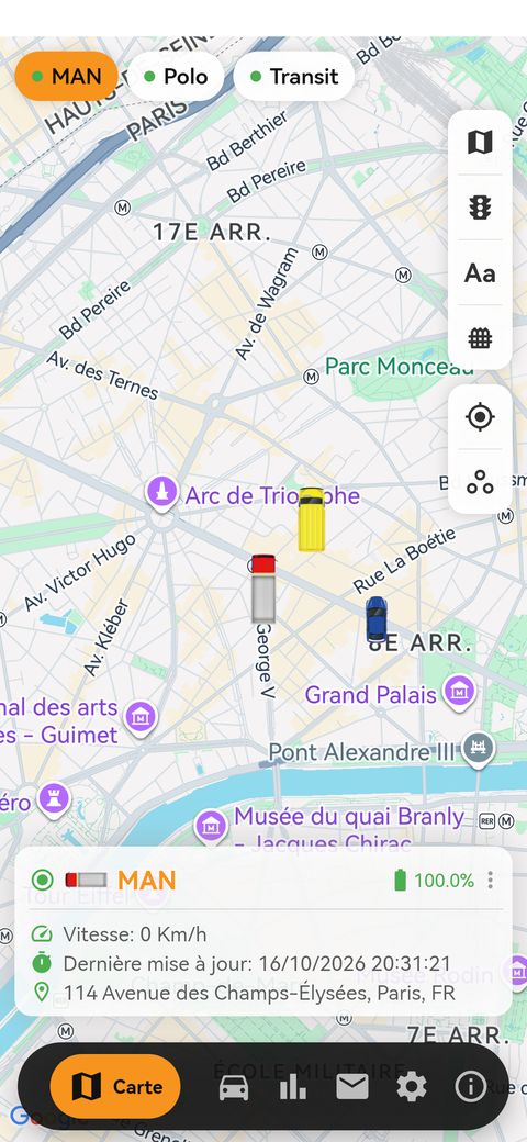 Carte de l’application avec les véhicules