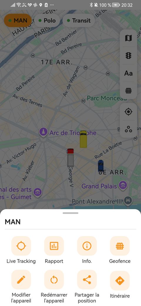 Menu d’un véhicule dans l’application findCar