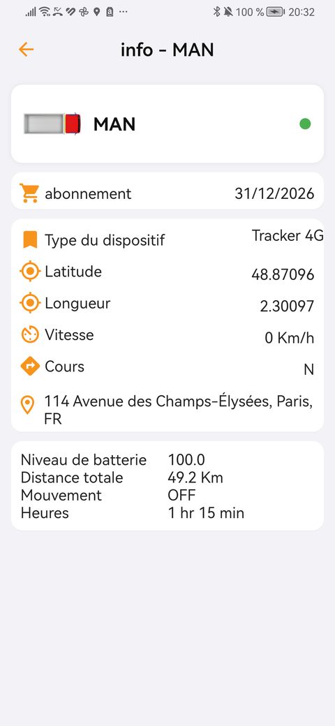 Informations du véhicule : abonnement, position et batterie