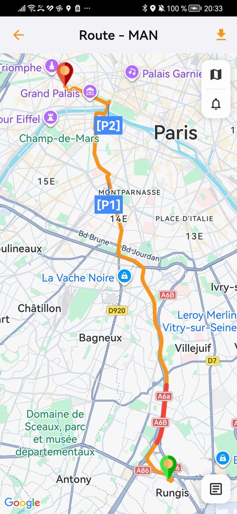 Trajet du véhicule sur la carte