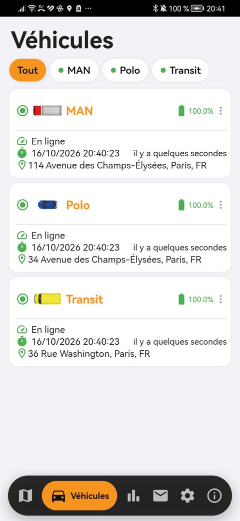 Liste des véhicules dans l’application findCar