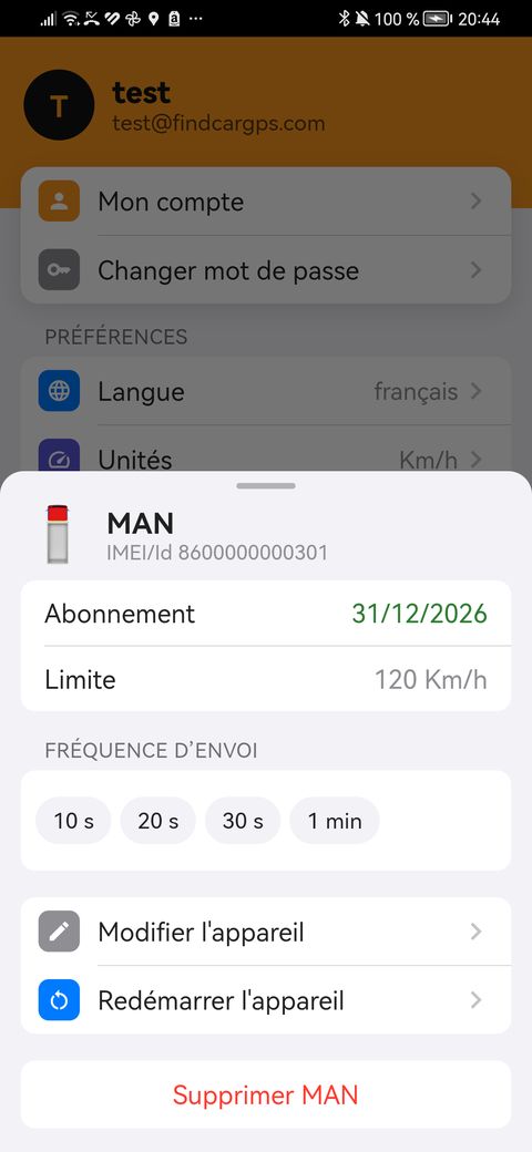 Réglages d’un véhicule : limite et fréquence d’envoi