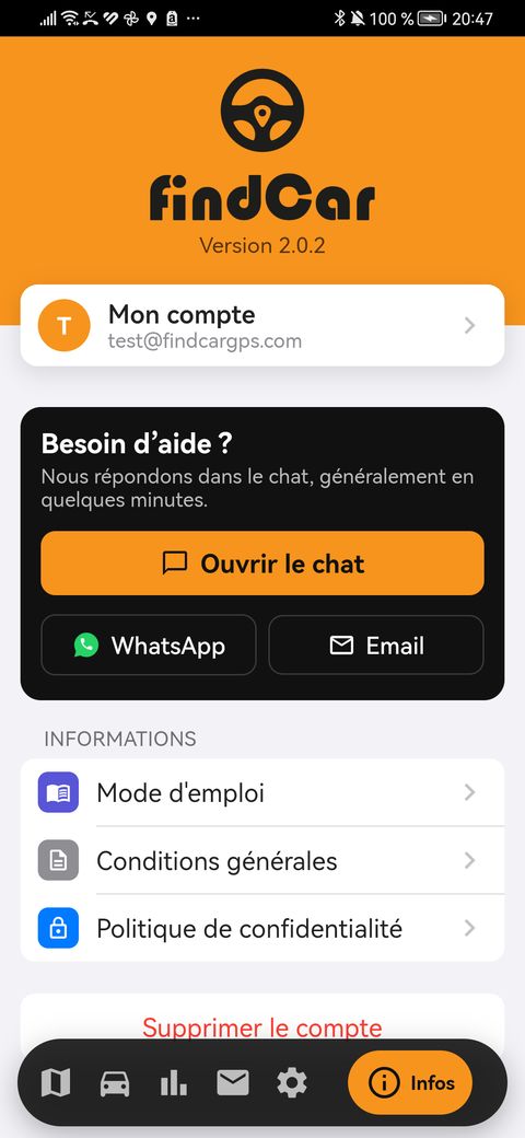 Onglet Info avec chat, WhatsApp et e-mail