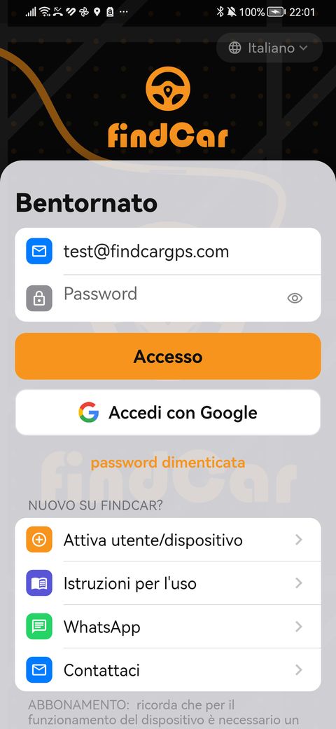 Schermata di accesso dell’app findCar