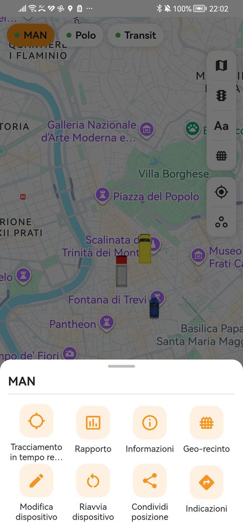 Menu di un veicolo nell’app findCar