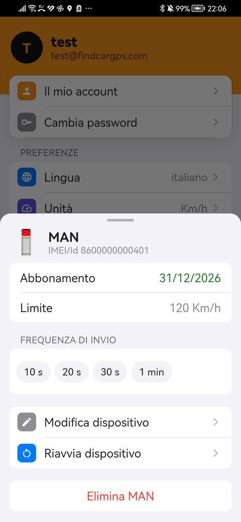 Impostazioni di un veicolo: limite e frequenza di invio
