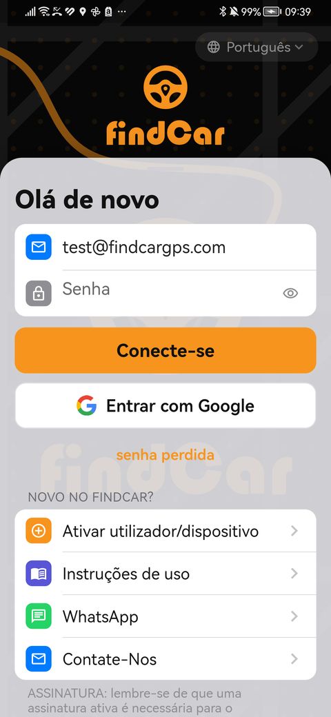 Ecrã de acesso da app findCar