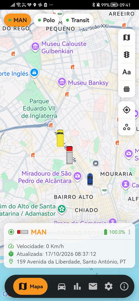 Mapa da app com os veículos