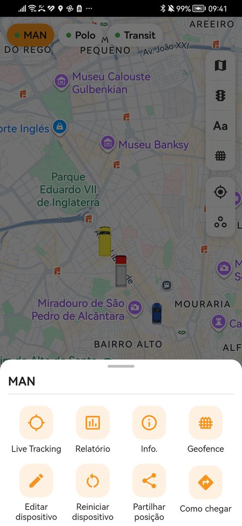 Menu de um veículo na app findCar