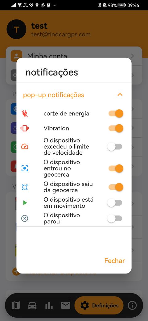 Escolher os alertas na app findCar