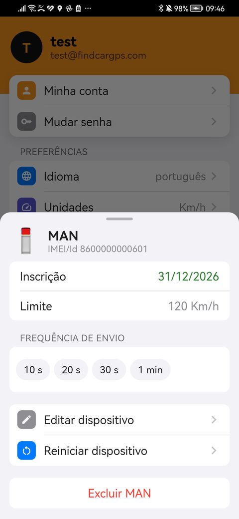Definições de um veículo: limite e frequência de envio