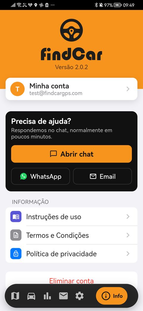 Separador Info com chat, WhatsApp e e-mail