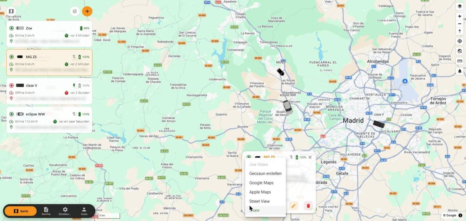 Weitere Optionen eines Fahrzeugs: Geozaun, Google Maps, Street View und Teilen