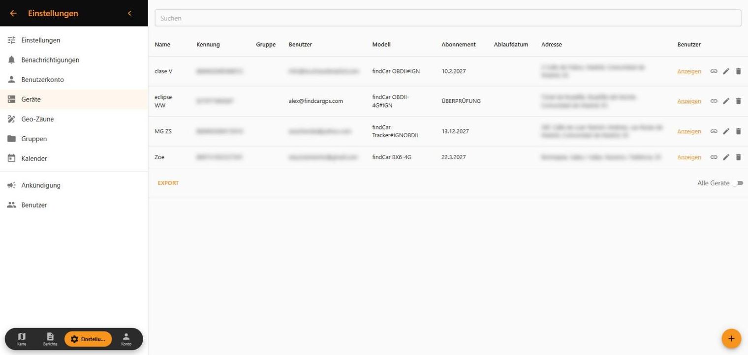 Fahrzeugliste in der findCar Web-App