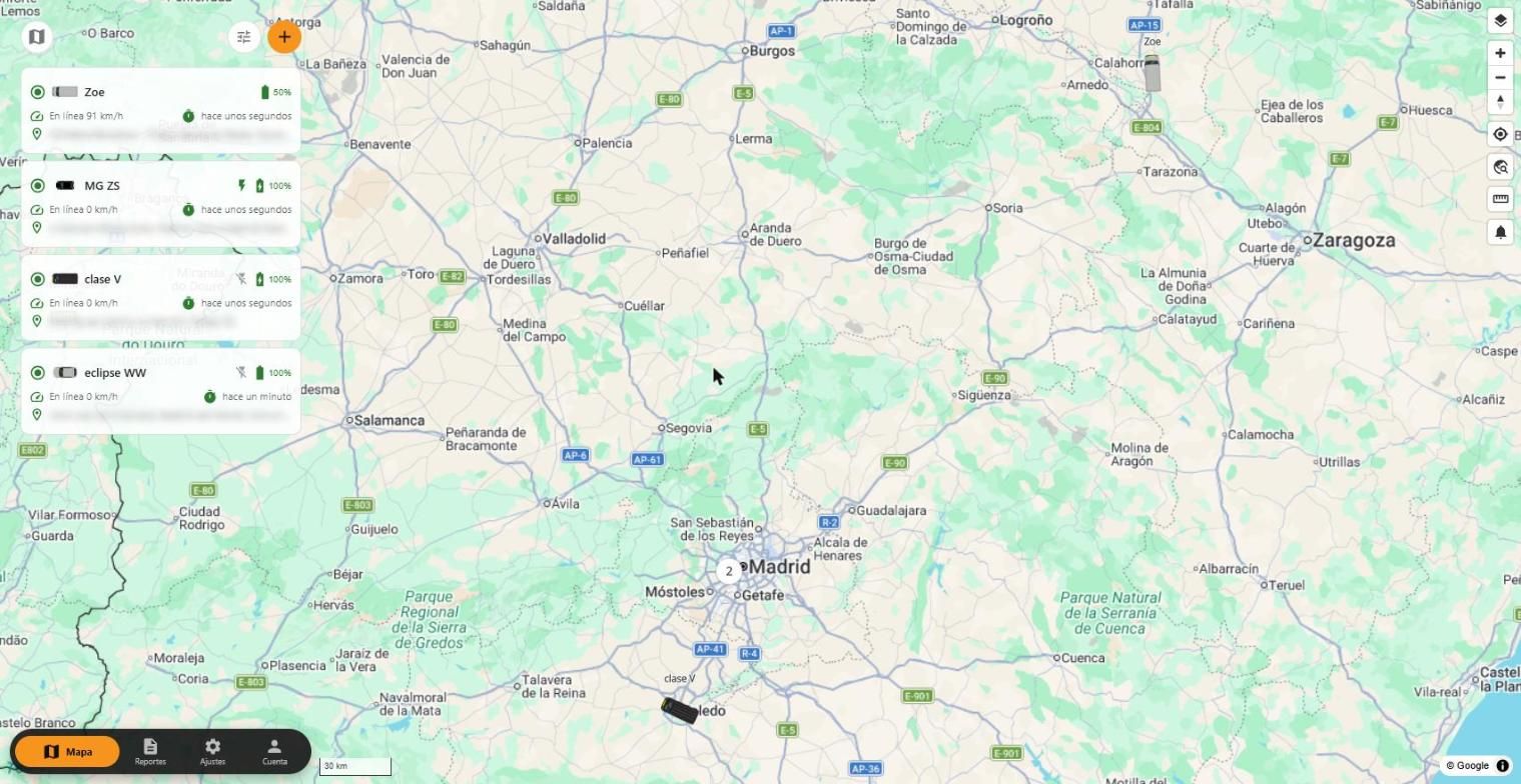Mapa de la Web App findCar con la lista de vehículos