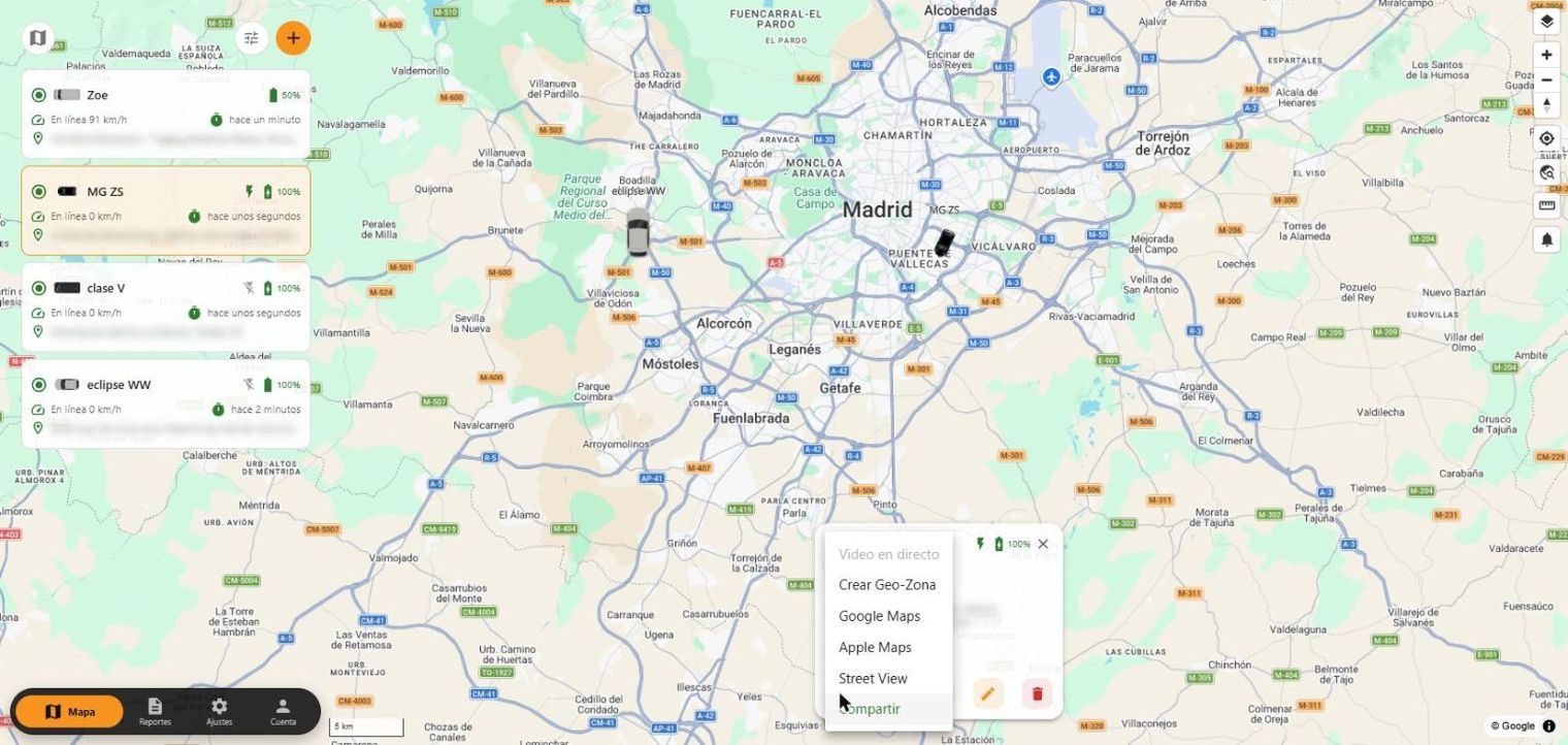 Más opciones de un vehículo: geo-zona, Google Maps, Street View y compartir