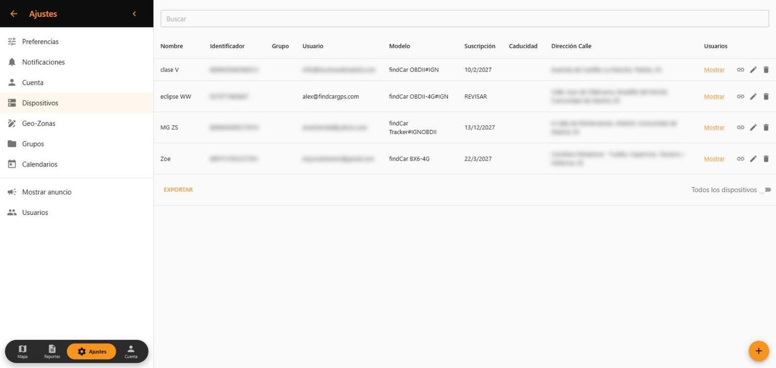 Lista de vehículos en la Web App findCar