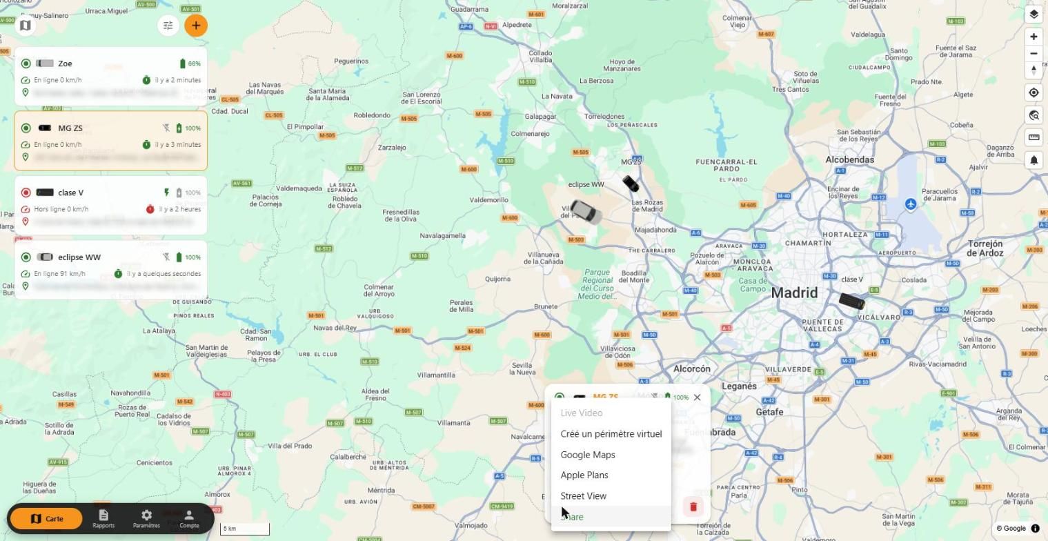 Autres options d’un véhicule : périmètre virtuel, Google Maps, Street View et partage