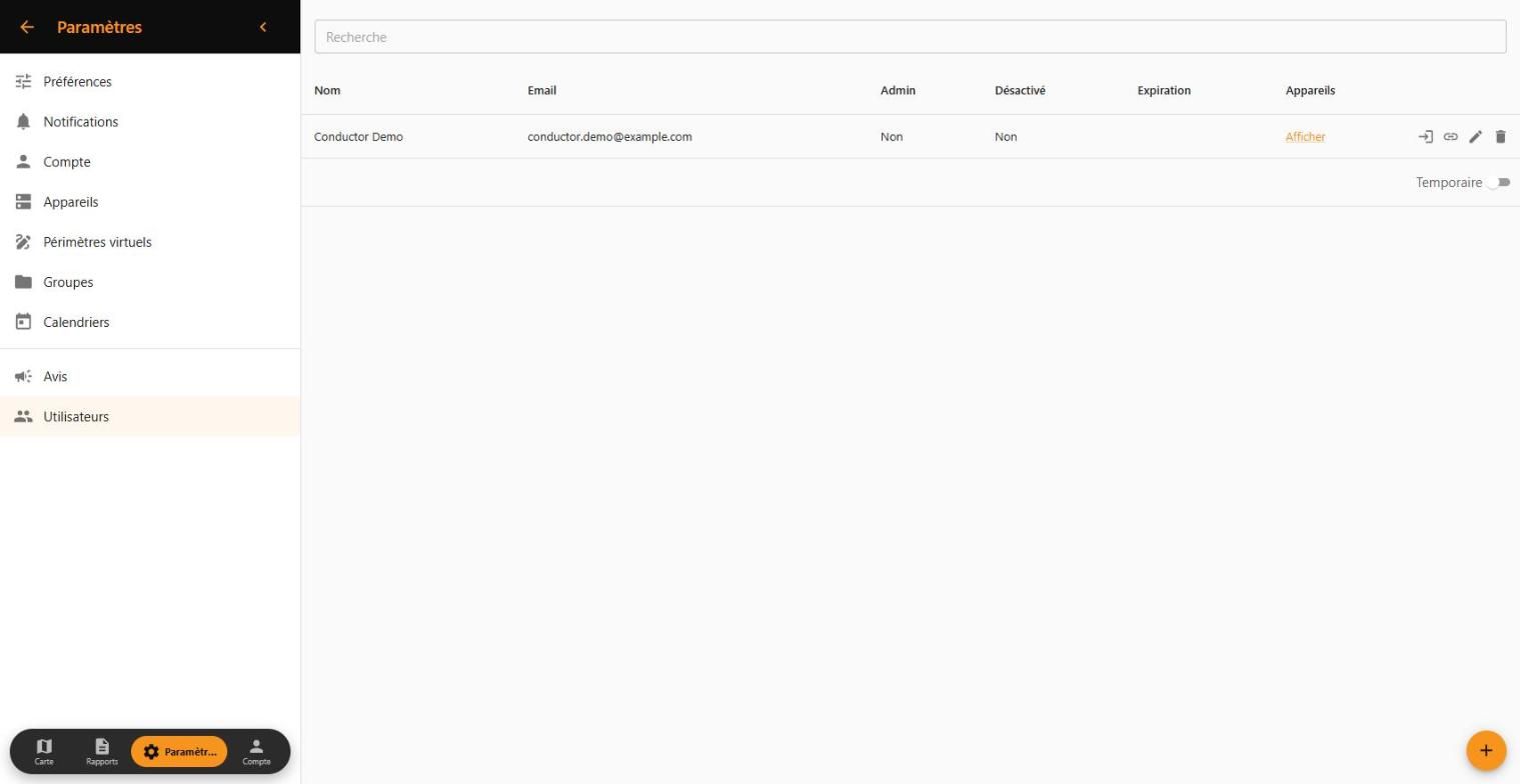 Liste des utilisateurs de flotte dans la Web App