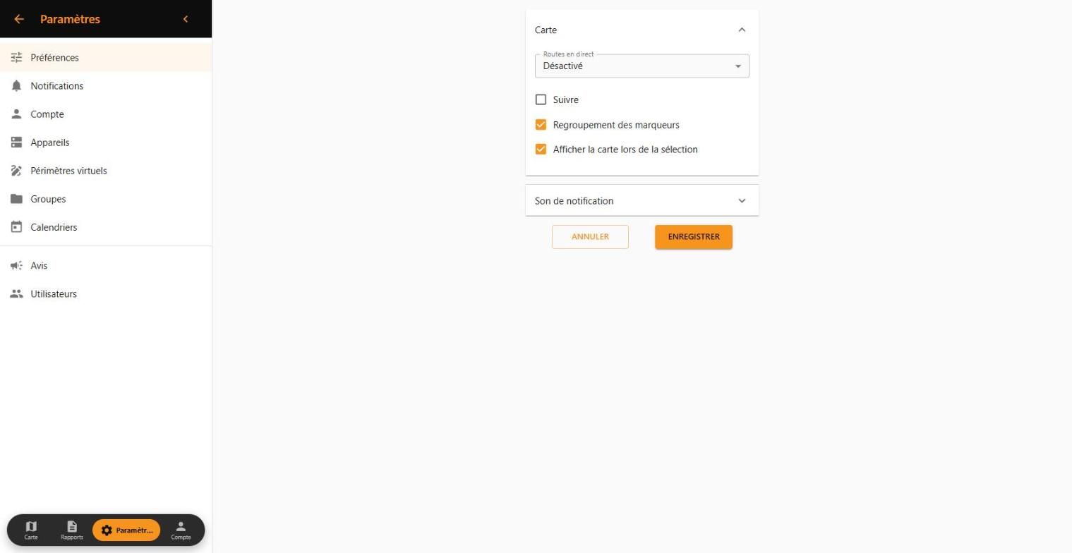 Préférences de la carte dans la Web App