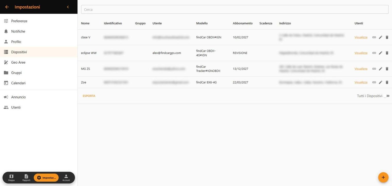 Elenco dei veicoli nella Web App findCar