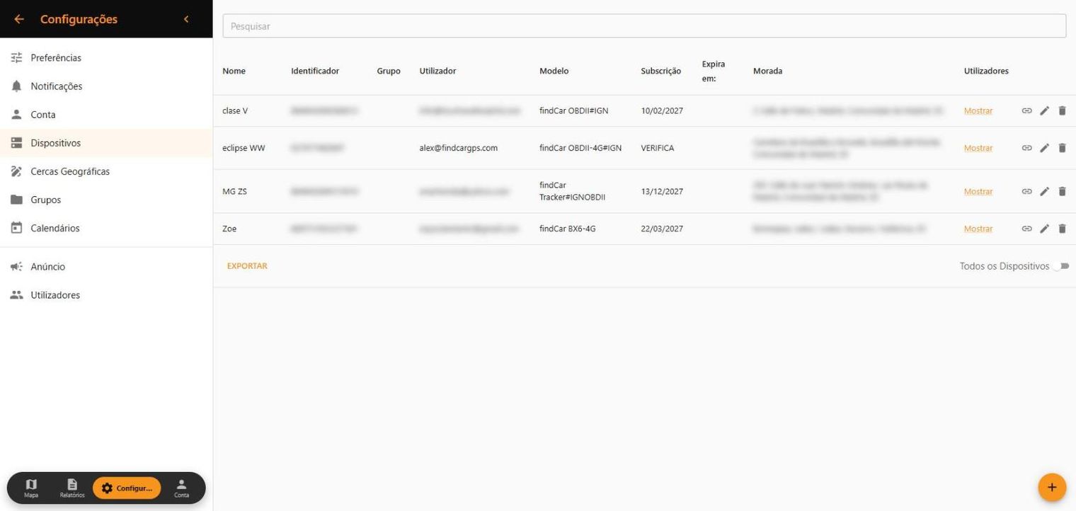 Lista de veículos na Web App findCar