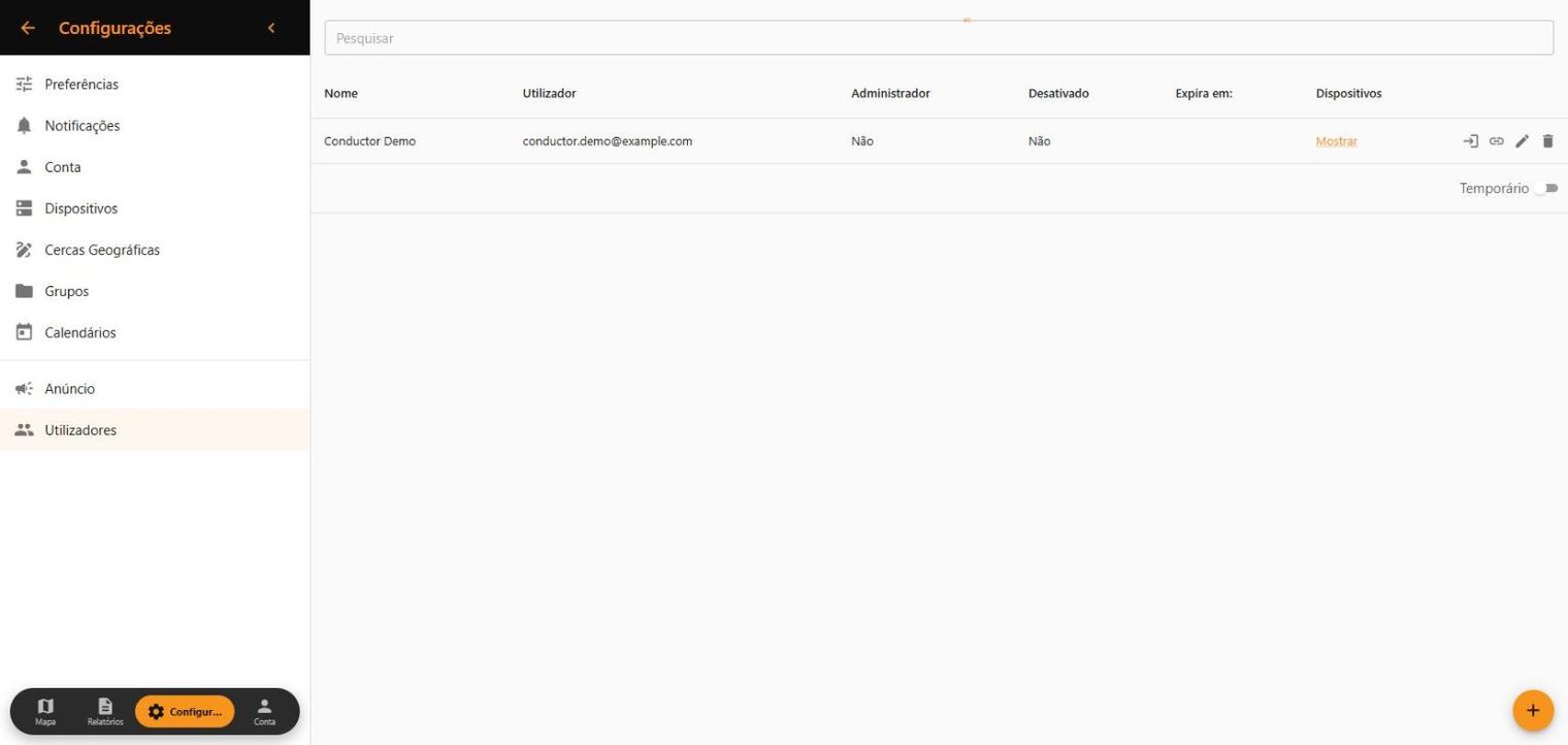 Lista de utilizadores da frota na Web App